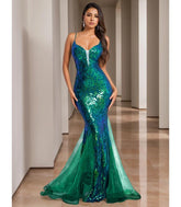 Vestido Longo Sereia de Festa com Paetês, modelo sofisticado com brilho e cauda fluida, ideal para casamentos, festas de gala e formaturas. Verde